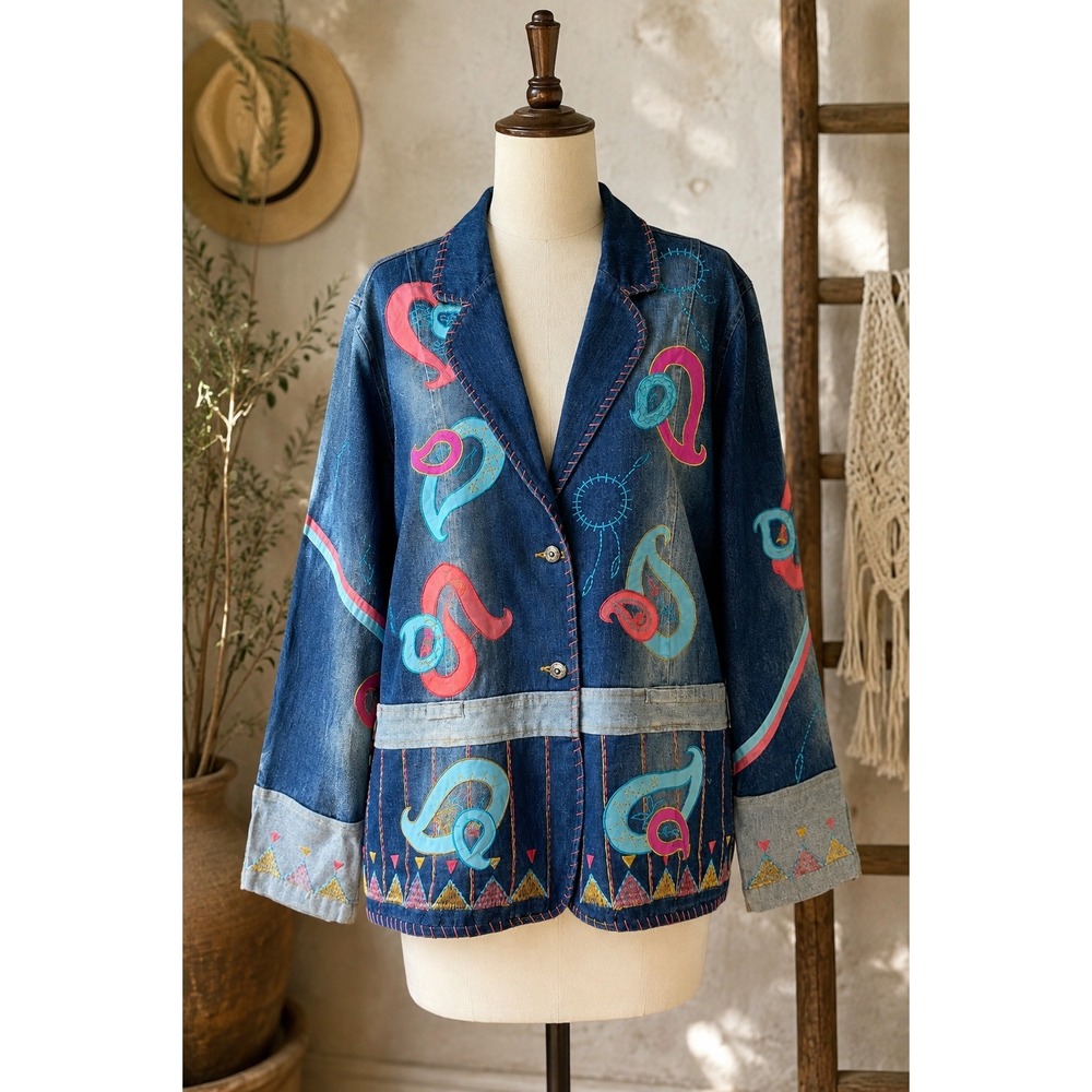 Wearable Art Embroidered Denim Blazer 1X Boho Paisley Statement Jacket